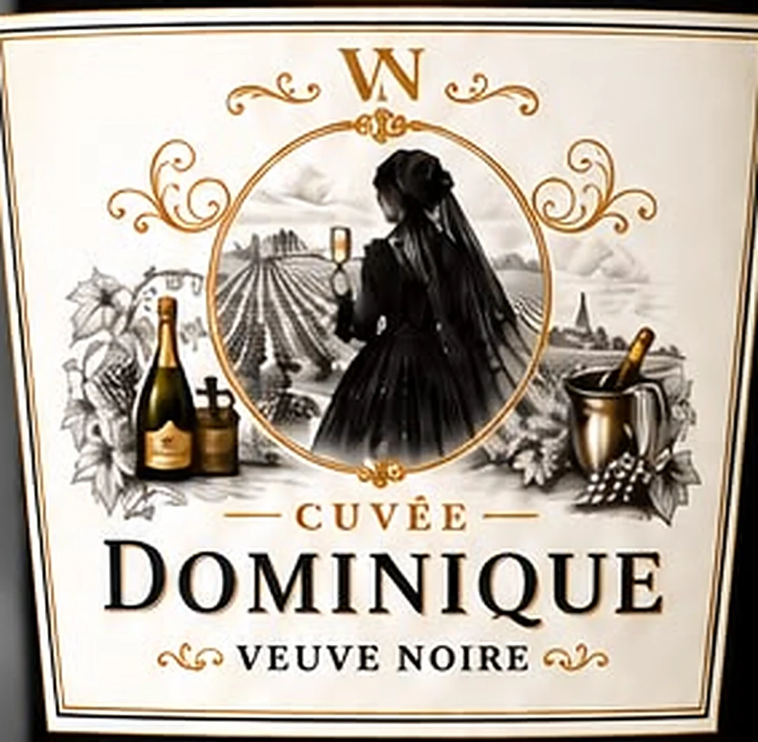 Étiquette gravée de la Cuvée Dominique Veuve Noire : une femme voilée devant les vignes, encadrée d'arabesques dorées