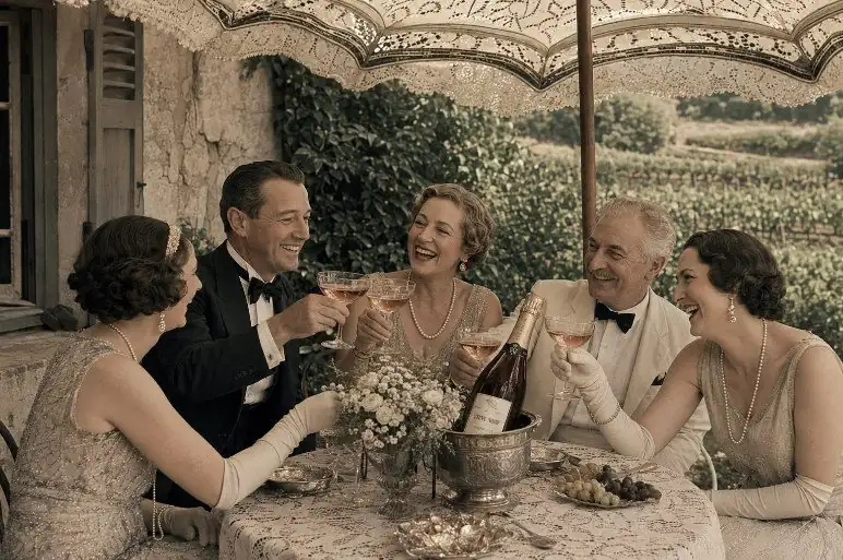 Un dimanche au jardin : la famille réunie sous l'ombrelle de dentelle, une bouteille de rosé sur la table